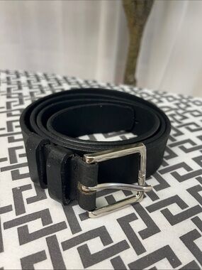 Men's Black Leather Belt with Silver Buckle